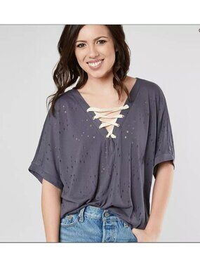 Daytrip Womens Tattered Lace Up V-Neck Top-Graystone-Size Medium-GUC